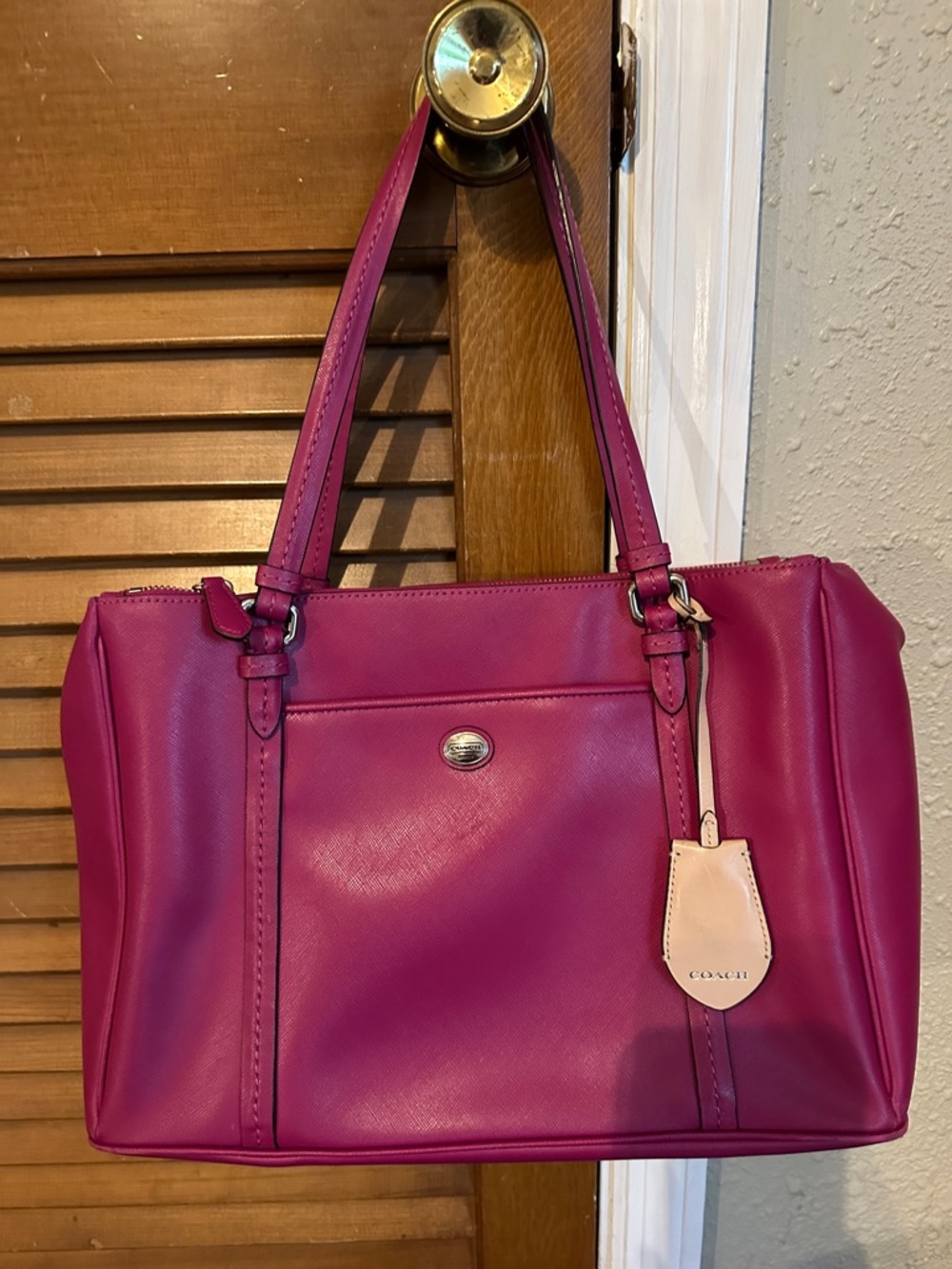 Coach Fuchsia Leather Shoulder Tote with Cream Tag